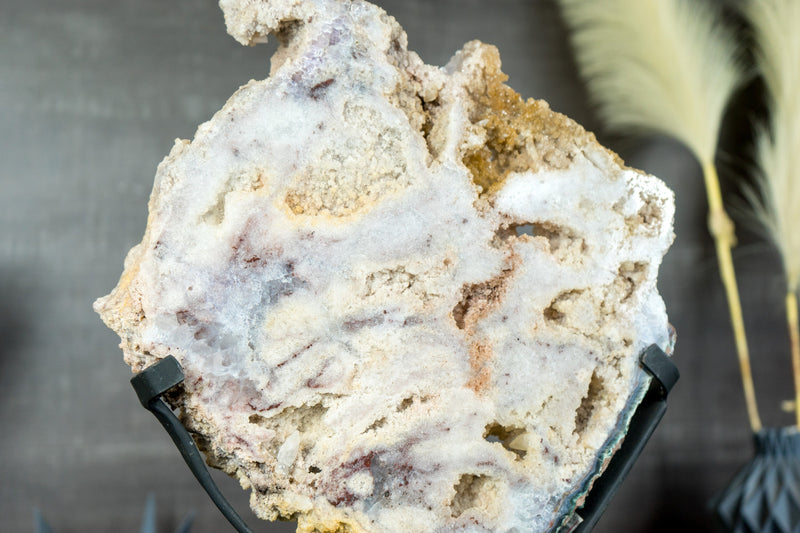 Rare Double-Sided Pink Amethyst Slab with Calcite Inclusions and Tiny Cave Formation - Natural, On Stand