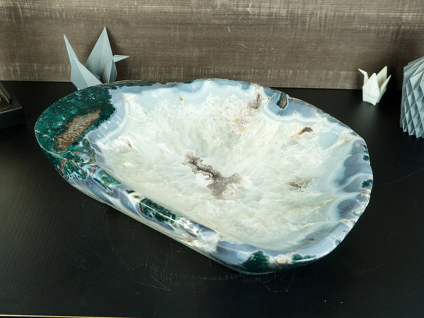 Large Lace Agate with Crystal Bowl, Hand Carved