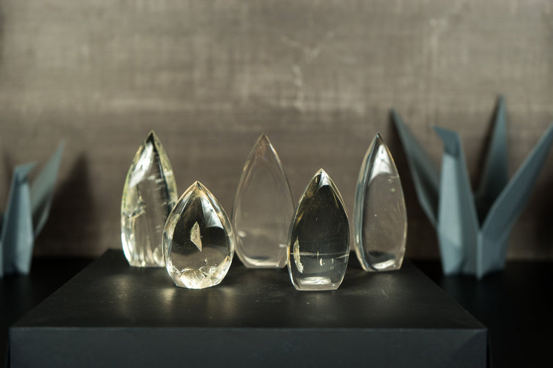 Satz von 5 wasserklaren Diamantina-Quarzflammen, AAA-Kristallquarz