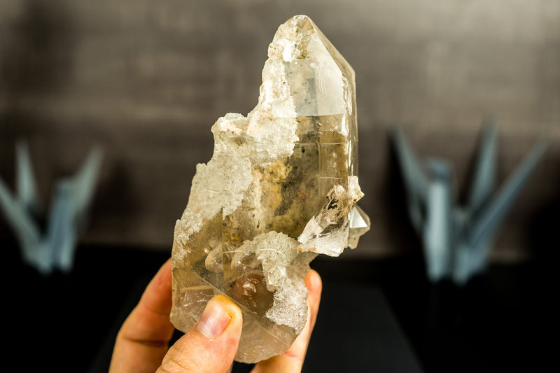 White Lodolite Crystal Point with Rainbow Bridge Inclusion and Cat-Eye Effect