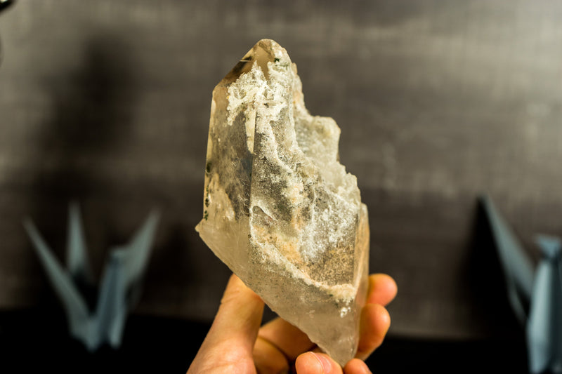 White Lodolite Crystal Point with Rainbow Bridge Inclusion and Cat-Eye Effect