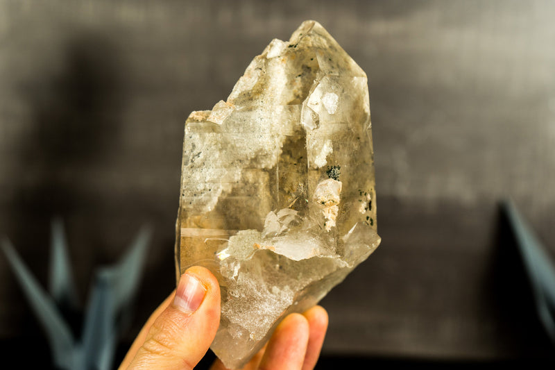 White Lodolite Crystal Point with Rainbow Bridge Inclusion and Cat-Eye Effect