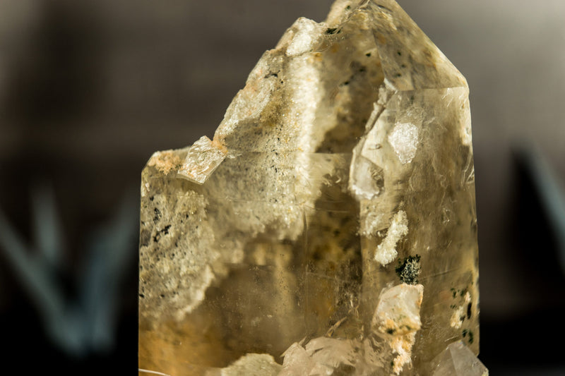 White Lodolite Crystal Point with Rainbow Bridge Inclusion and Cat-Eye Effect