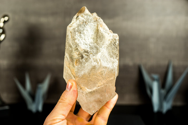 White Lodolite Crystal Point with Rainbow Bridge Inclusion and Cat-Eye Effect