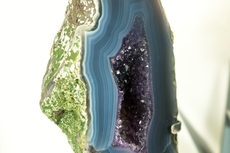 Natural Blue Banded Agate Geode with Deep Purple Amethyst Druzy on Stand