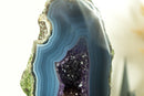 Natural Blue Banded Agate Geode with Deep Purple Amethyst Druzy on Stand