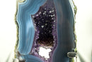 Natural Blue Banded Agate Geode with Deep Purple Amethyst Druzy on Stand