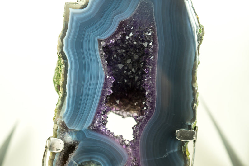 Natural Blue Banded Agate Geode with Deep Purple Amethyst Druzy on Stand