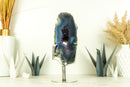 Natural Blue Banded Agate Geode with Deep Purple Amethyst Druzy on Stand