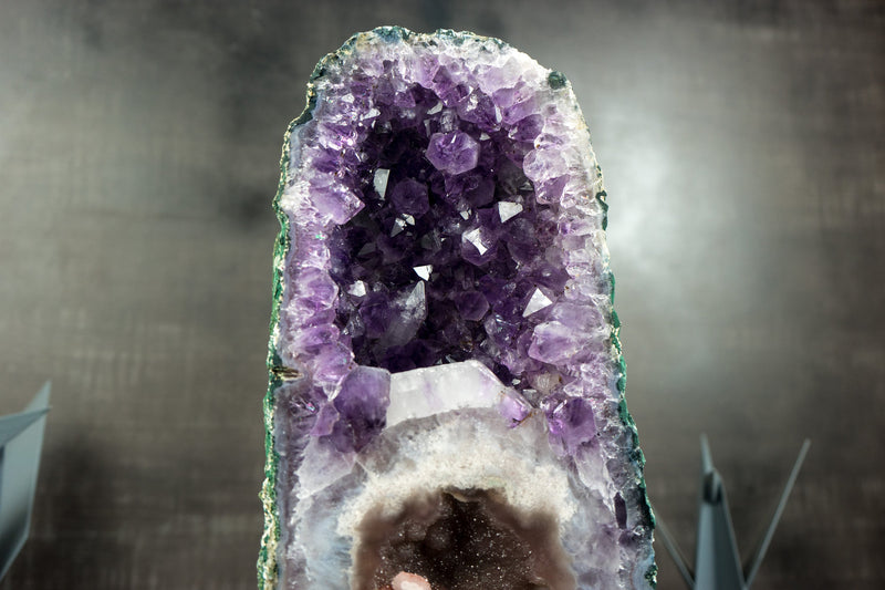 Super Rare Double-Chamber Amethyst Geode with Half Pink Quartz Druzy, Half Deep Purple Amethyst,