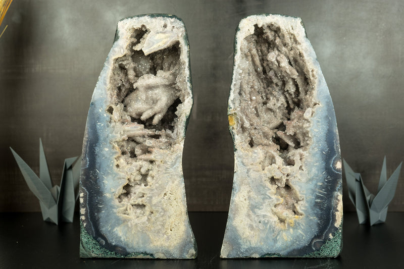 Pair of Rare Sea Blue Agate Geodes with Crystal Stalactite and Quartz ps. after Anhydrite