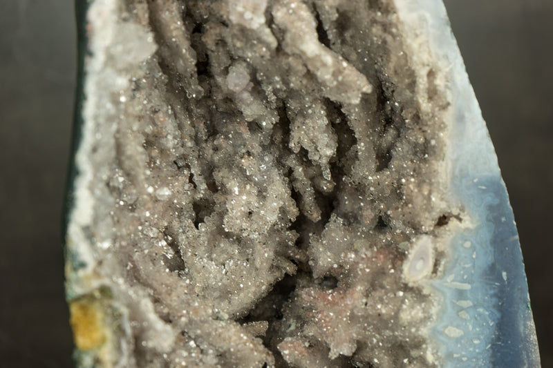 Paar seltener meerblauer Achat-Geoden mit Kristallstalaktit und Quarz ps. nach Anhydrit