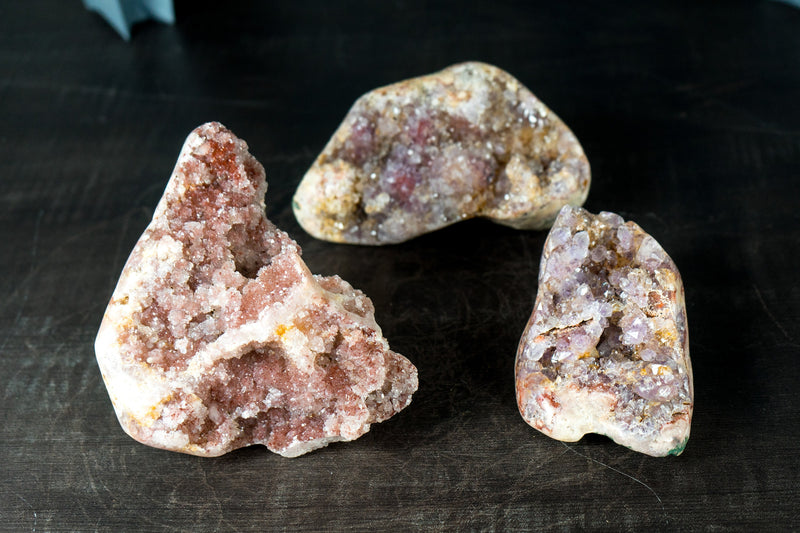 Wholesale Set of 3 High-Grade Pink Amethyst Free Form Geodes, Flat Box