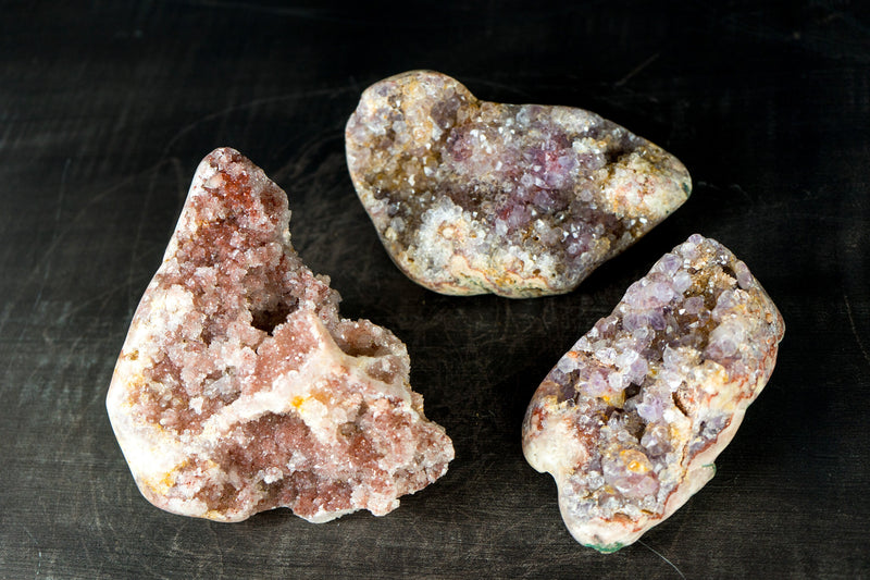 Wholesale Set of 3 High-Grade Pink Amethyst Free Form Geodes, Flat Box