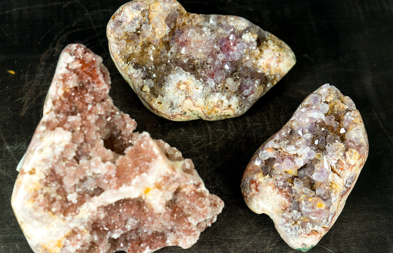 Wholesale Set of 3 High-Grade Pink Amethyst Free Form Geodes, Flat Box