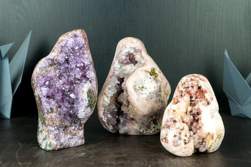 Wholesale Set of 3 High-Grade Pink Amethyst Free Form Geodes, Flat Box