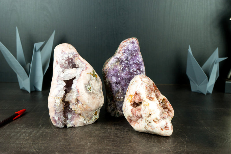 Wholesale Set of 3 High-Grade Pink Amethyst Free Form Geodes, Flat Box