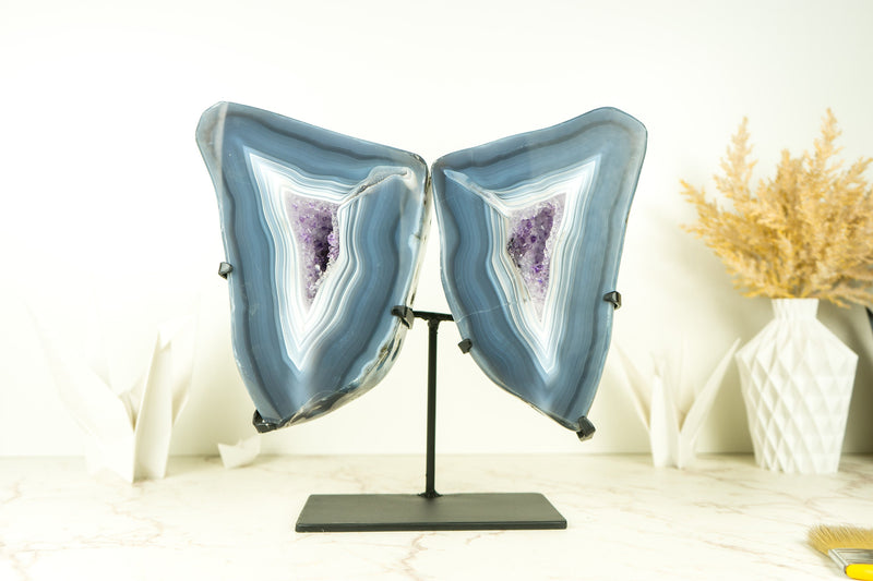 Blue Lace Agate Geode Wings with Purple Amethyst and Landscaped Back, On Stand - 9.3 Kg - 20.4 lb
