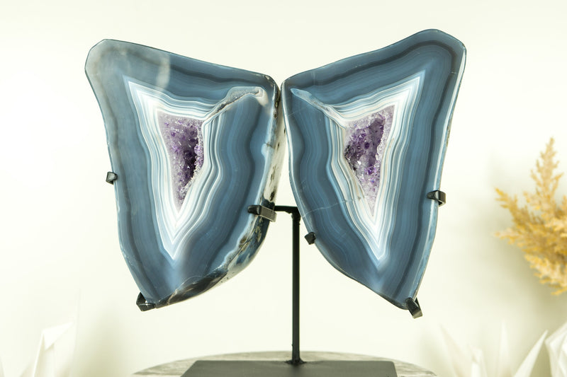 Blue Lace Agate Geode Wings with Purple Amethyst and Landscaped Back, On Stand - 9.3 Kg - 20.4 lb