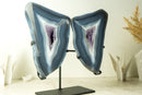 Blue Lace Agate Geode Wings with Purple Amethyst and Landscaped Back, On Stand - 9.3 Kg - 20.4 lb