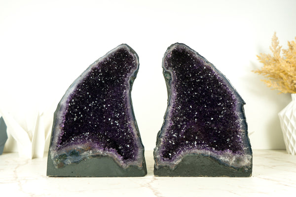 Paar spiegelbildlich angeordnete, ganz natürliche Amethyst-Geoden: satter, intensiv violetter Amethyst mit Galaxy Druzy, 11,9 kg – 26,1 lb