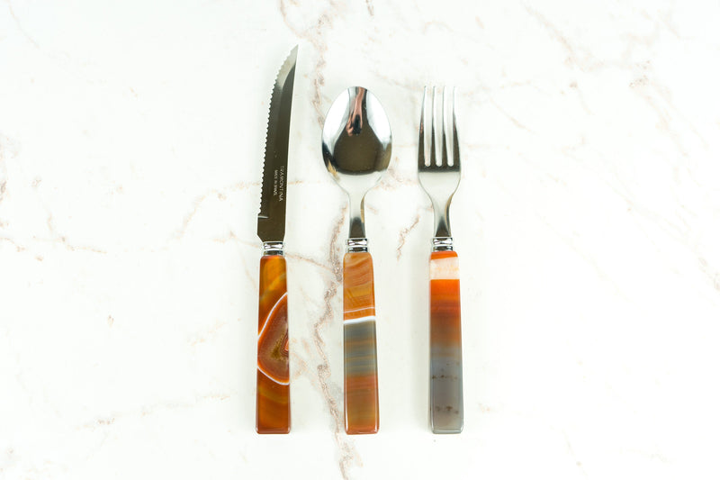 Handmade Red Lace Agate with Stainless Steel Cutlery Tableware Set, Serves 6, Comes in a Wooden Box - E2D Crystals & Minerals