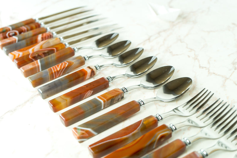 Handmade Red Lace Agate with Stainless Steel Cutlery Tableware Set, Serves 6, Comes in a Wooden Box - E2D Crystals & Minerals