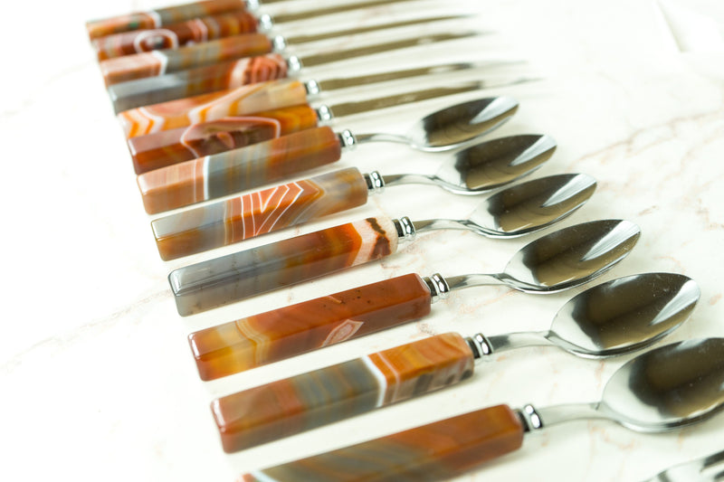 Handmade Red Lace Agate with Stainless Steel Cutlery Tableware Set, Serves 6, Comes in a Wooden Box - E2D Crystals & Minerals