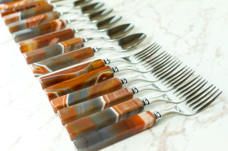 Handmade Red Lace Agate with Stainless Steel Cutlery Tableware Set, Serves 6, Comes in a Wooden Box - E2D Crystals & Minerals