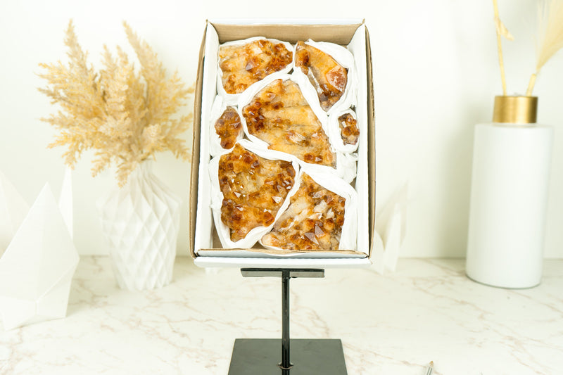 Set of 7 Citrine Clusters of Super Extra Grade, Wholesale Flat Box, Small, Deep Orange Citrine Druzy - 7 Clusters, 1230g - 2.7 lb - E2D Crystals & Minerals