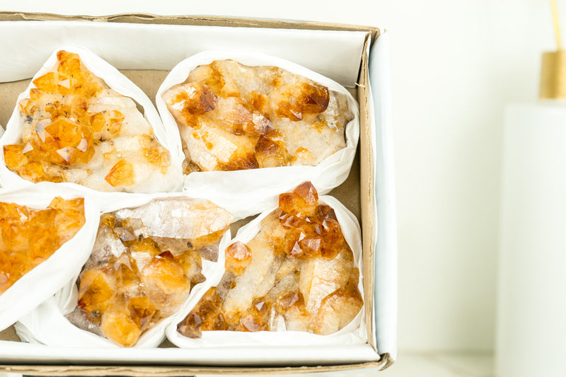 Set of 6 Citrine Clusters of Super Extra Grade, Wholesale Flat Box, Small, Deep Orange Citrine Druzy - 1380g - 3.0 lb