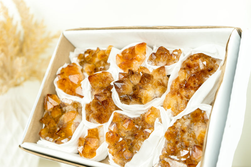 Wholesale Madeira Citrine Clusters Flat Box - Madeia Color Citrine, Wholesale Bulk - 11 Clusters, 1300g - 2.9 lb