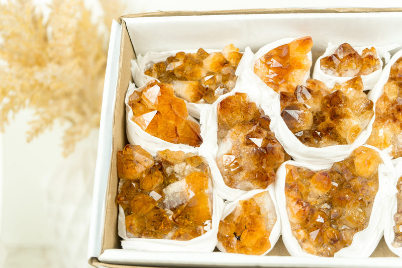 Wholesale Madeira Citrine Clusters Flat Box - Madeia Color Citrine, Wholesale Bulk - 11 Clusters, 1300g - 2.9 lb