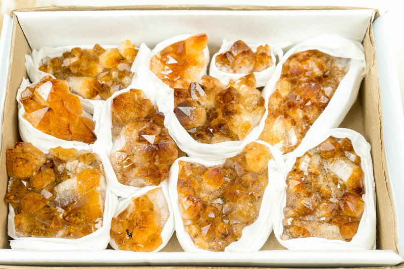 Wholesale Madeira Citrine Clusters Flat Box - Madeia Color Citrine, Wholesale Bulk - 11 Clusters, 1300g - 2.9 lb