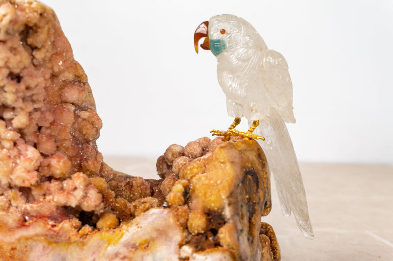 Handgefertigte Vogelschnitzerei aus Sodalith und rosa Quarzkristall: Skulptur eines Papageienpaares vom weltberühmten Schnitzer Venturini