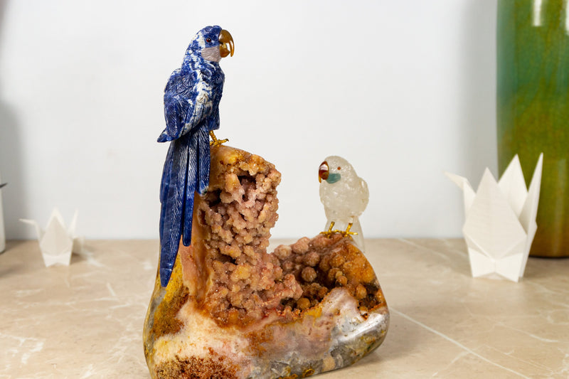 Handcrafted Sodalite and Pink Quartz Crystal Bird Carving: Couple of Parrots Sculpture by World-Renowned Carver Venturini
