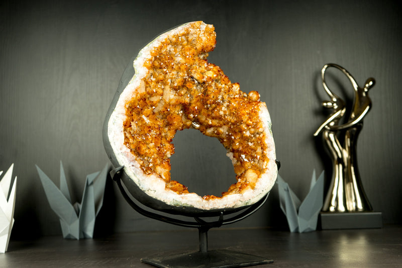 Rare Citrine Geode Portal Slice with Flower Stalactites