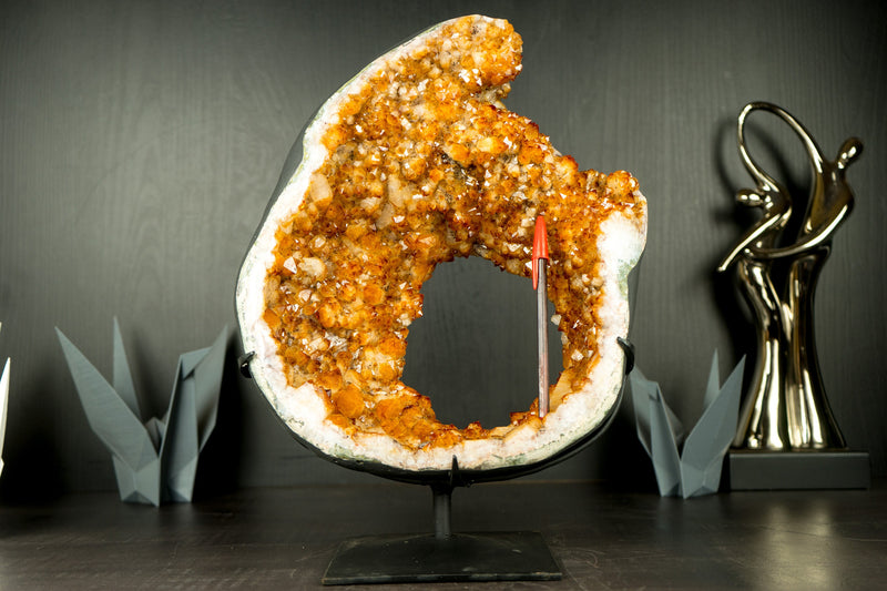 Rare Citrine Geode Portal Slice with Flower Stalactites