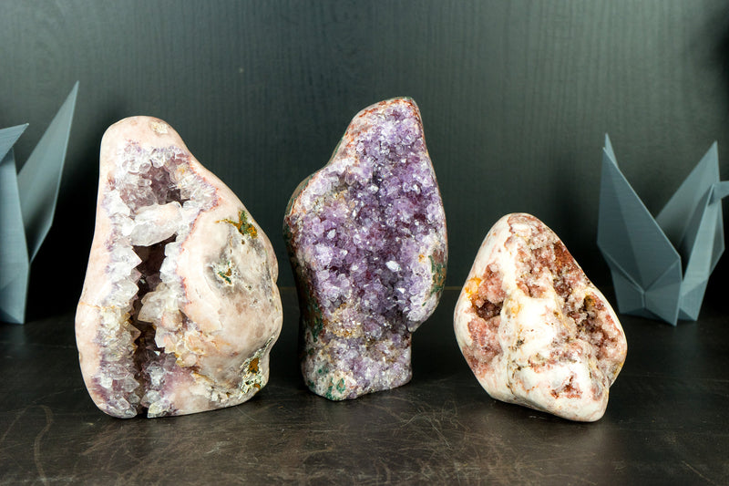 Wholesale Set of 3 High-Grade Pink Amethyst Free Form Geodes, Flat Box