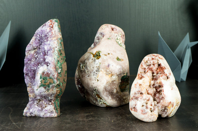 Wholesale Set of 3 High-Grade Pink Amethyst Free Form Geodes, Flat Box