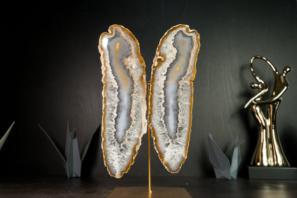 Natural Undyed Agate Butterfly on Custom-Made Stand, Rare and High-Grade Agate
