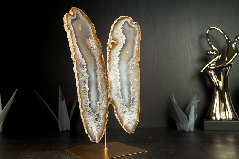 Natural Undyed Agate Butterfly on Custom-Made Stand, Rare and High-Grade Agate