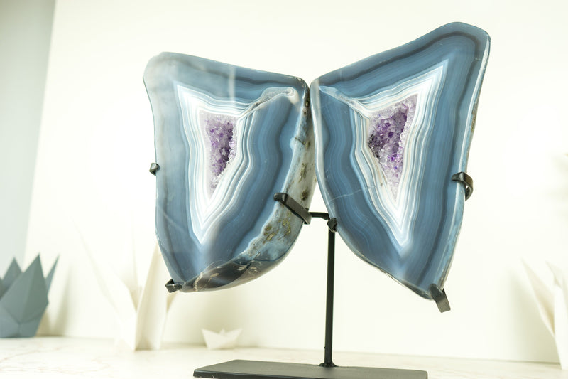 Blue Lace Agate Geode Wings with Purple Amethyst and Landscaped Back, On Stand - 9.3 Kg - 20.4 lb
