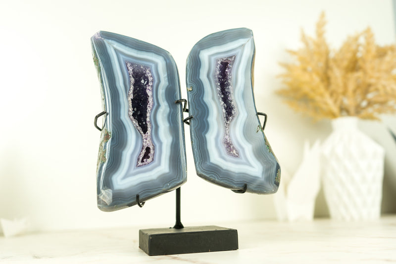 Small Polished Blue Lace Agate Geode Wings with Purple Amethyst and Landscaped Back, On Stand -