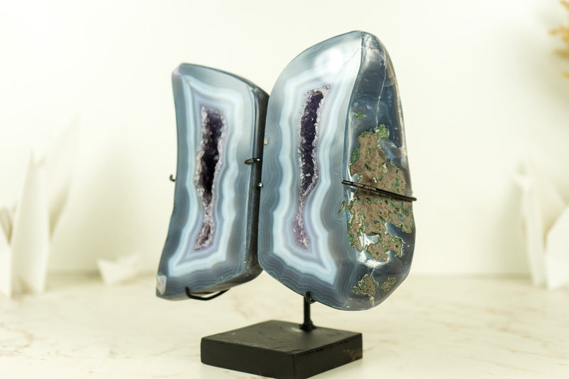 Small Polished Blue Lace Agate Geode Wings with Purple Amethyst and Landscaped Back, On Stand -