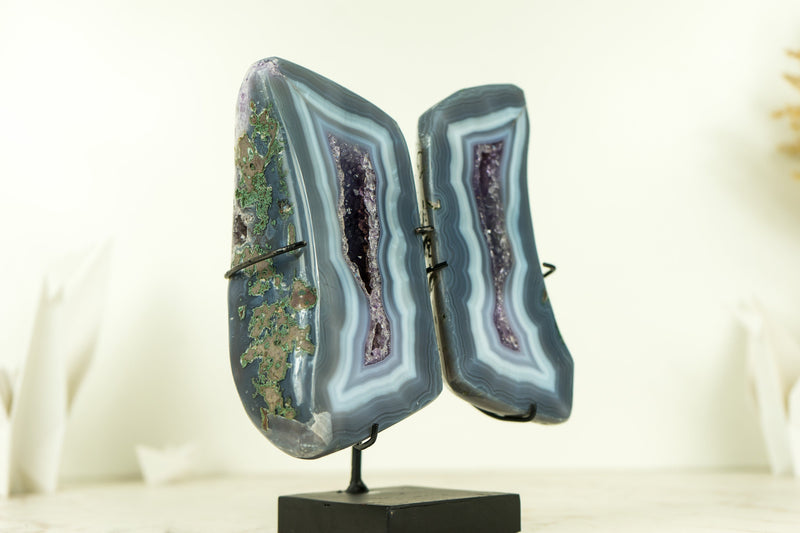 Small Polished Blue Lace Agate Geode Wings with Purple Amethyst and Landscaped Back, On Stand -