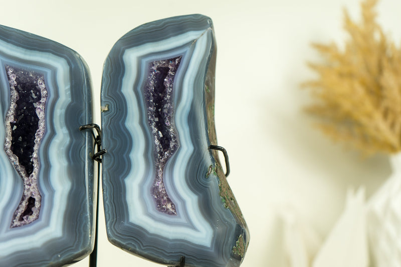 Small Polished Blue Lace Agate Geode Wings with Purple Amethyst and Landscaped Back, On Stand -