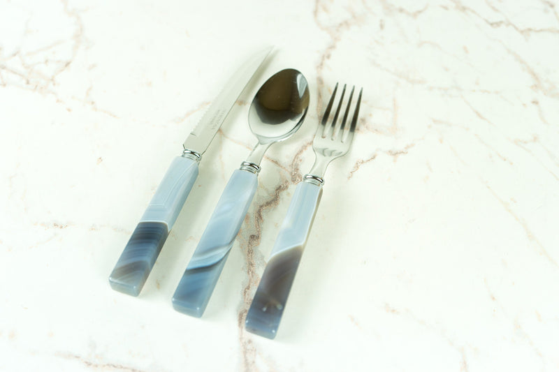 Handmade Blue Lace Agate with Stainless Steel Cutlery Tableware Set, Serves 6, Comes in a Wooden Box - E2D Crystals & Minerals