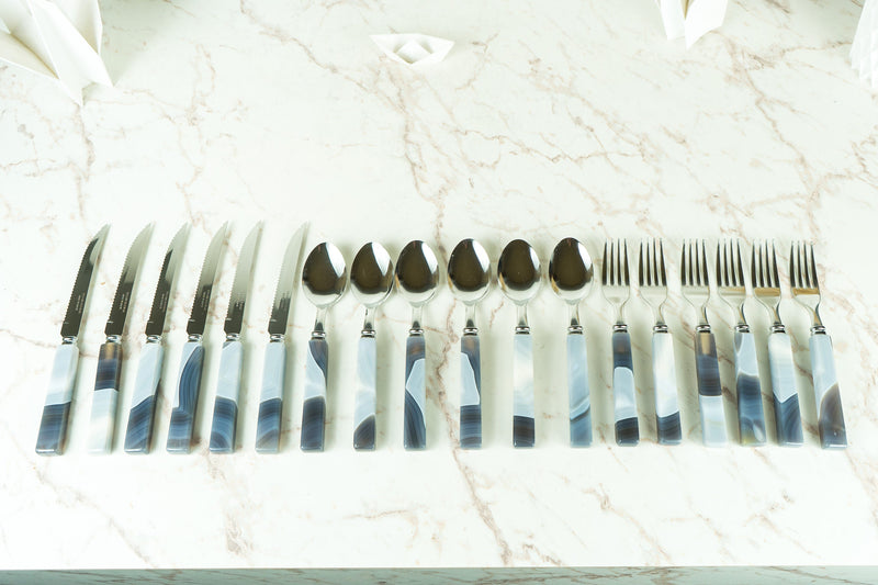 Handmade Blue Lace Agate with Stainless Steel Cutlery Tableware Set, Serves 6, Comes in a Wooden Box - E2D Crystals & Minerals