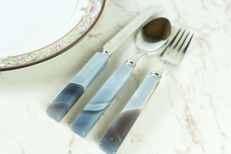 Handmade Blue Lace Agate with Stainless Steel Cutlery Tableware Set, Serves 6, Comes in a Wooden Box - E2D Crystals & Minerals